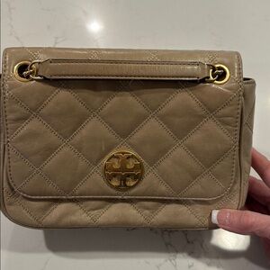Tory Burch Beige Quilted Leather Shoulder Bag